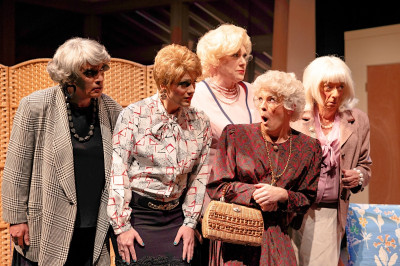 (left to right) David Cerda, Grant Drager, Ed Jones, Ryan Oates and Danne W. Taylor in Hell in a Handbag Productions’ world premiere of The Golden Girls Meet The Skooby Don’t Gang: The Mystery of The Haunted Bush.