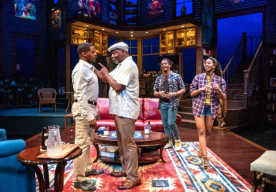 DiMonte Henning (Flip), David Alan Anderson (Joe LeVay), Eric Gerard (Kent) and Jennifer Latimore (Taylor) in Sticklfy at Writers Theatre.