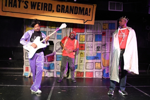 (left to right) PlayMakers Laboratory Company Members Barry Irving, Lee Peters and Brad Stevens perform the student written story “Monster’s Belly” in That’s Weird, Grandma’s 25th Birthday.