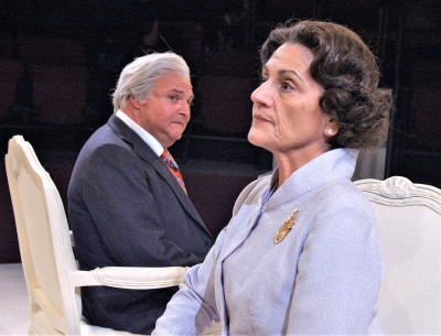 Janet Ulrich Brooks is Queen Elizabeth II and Matt DeCaro is Harold Wilson in The Audience at TimeLine Theatre.