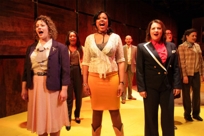 (front, l to r) Sara Reinecke, Sharriese Hamilton and Anne Sheridan Smith with (back, l to r) Tyler Symone, Ted Kitterman, Veronica Garza and Elizabeth Morgan in Firebrand Theatre’s production of 9 TO 5 THE MUSICAL.