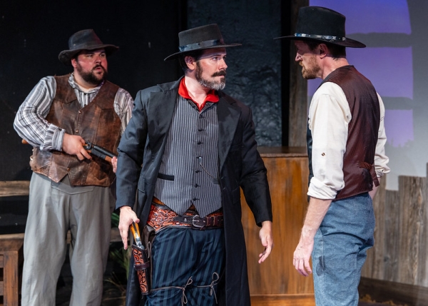 (left to right) Ross Childs (Curly), Jay Donley (Wilson), Michael B. Woods (Shane) in Shane at City Lit Theatre.