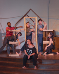 Photo of cast from "Architecture Of Memory" (left to right): Anthony Taylor, Virginia Van Lieshout, Nik Graves, Ellyzabeth Adler, Austin Rambo, Maya Paletta
