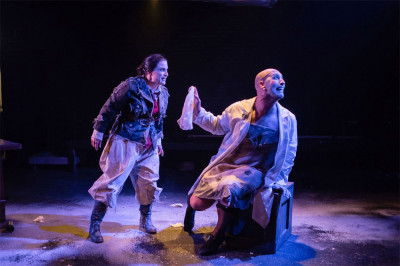 (left to right) Amy Gorelow and Jay Torrence in Akvavit Theatre’s U.S. premiere of HITLER ON THE ROOF by Rhea Leman, co-directed by Kirstin Franklin and Amber Robinson.