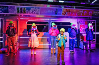 Ian Thigpen (front) plays Milo in Milo Imagines the World, Chicago Children's Theatre's world premiere musical based on the contemporary children’s book by Matt de la Pena, illustrated by Christian Robinson. The cast includes (from left) Brianna Buckley, De’Jah Perkins, Livia Robin, Juwon Tyrel Perry and Jake Ziman.