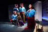 (front, right) David Cerda with (back, l to r) Morgan McNaught, Carlos Olmedo, Christine Mayland Perkins and Michael Peters in The New Colony’s world premiere of PSYCHONAUT LIBRARIANS by Sean Kelly, directed by Krissy Vanderwarker.