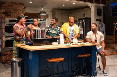 (l-r) Joseph Anthony Byrd, Jabari Khaliq, Breon Arzell, Thee Ricky Harris, Jos N. Banks in The Hot Wing King at Writers Theatre