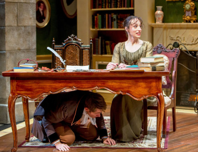 Emily Berman and and Erik Hellman in Miss Bennet: Christmas at Pemberley at the Northlight Theatre.