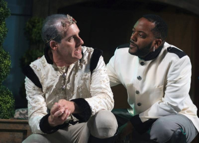 Kevin McKillip as King Leonetes and Kyle Haden as Camillio in First Folio Theatre's "The Winter's Tale"